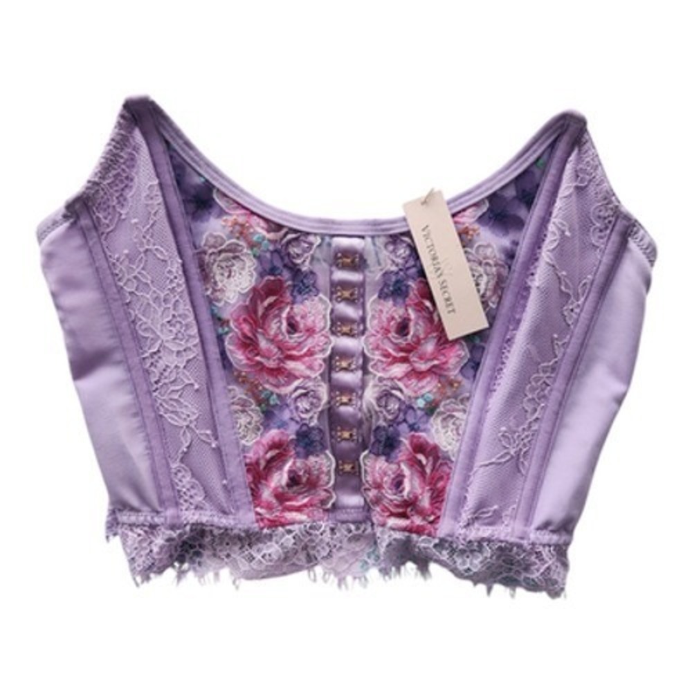 Victoria's Secret Lilac‎ Floral Corset Top Bustier Lace Trim Hook and Eye Size M